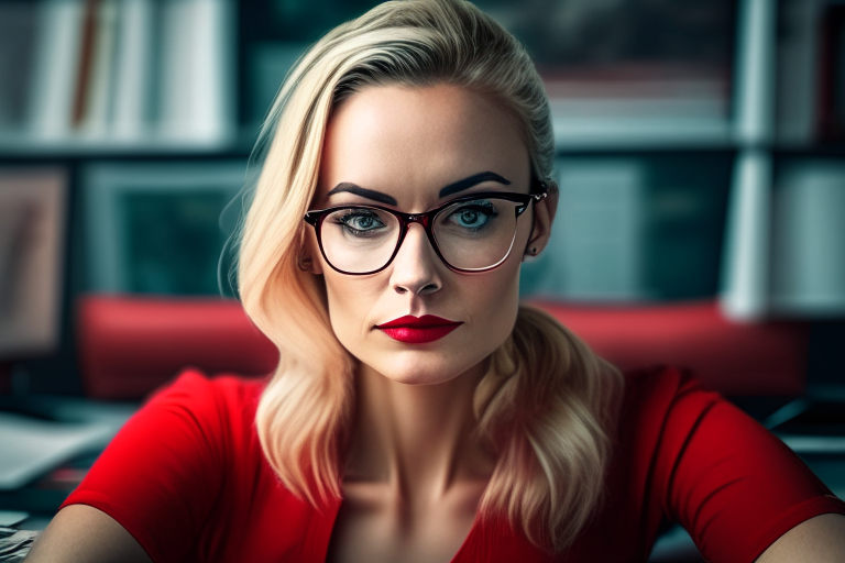 a woman wearing glasses and a red top, sitting at a desk in an office, with a pleasant gaze and shoulders forward, edited to look like the uploaded image with dirty blond hair and a pleasant gaze into the camera