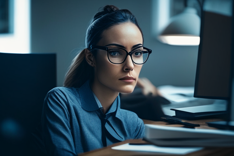 a woman wearing glasses and a navy blue top, sitting at a desk in an office, with a pleasant gaze and shoulders forward, edited to look more professional