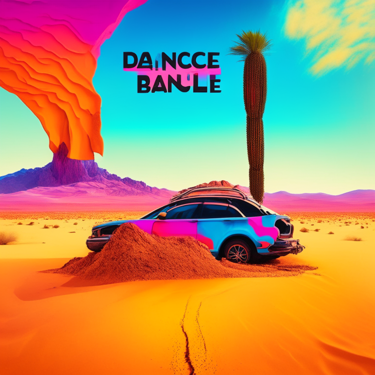 A colorful abstract background with a desert landscape and a car on it, with the name 'Un bache en el desierto' in the foreground