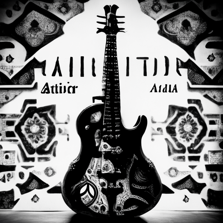 A black and white image of a sitar with a colorful background, with the name 'Sitar auxiliador' in the foreground