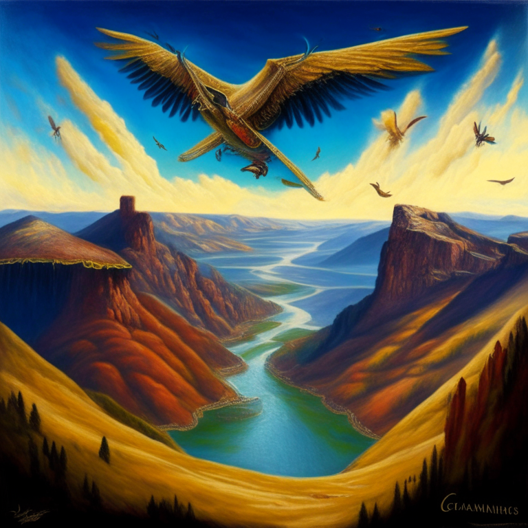A painting of a charango with wings, flying over a landscape, with the name 'Charangos voladores' in the foreground