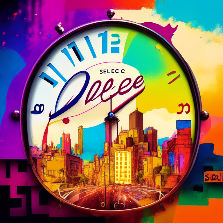 A colorful abstract background with a cityscape and a clock on it, with the name 'LA Dulce espera' in the foreground