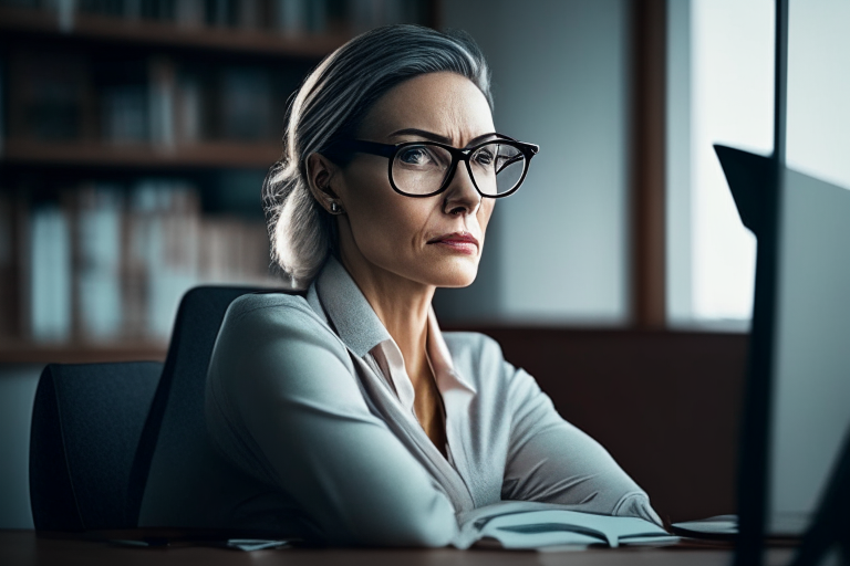 a woman wearing professional eyeglasses, sitting at a desk in an office, with a pleasant gaze and shoulders forward