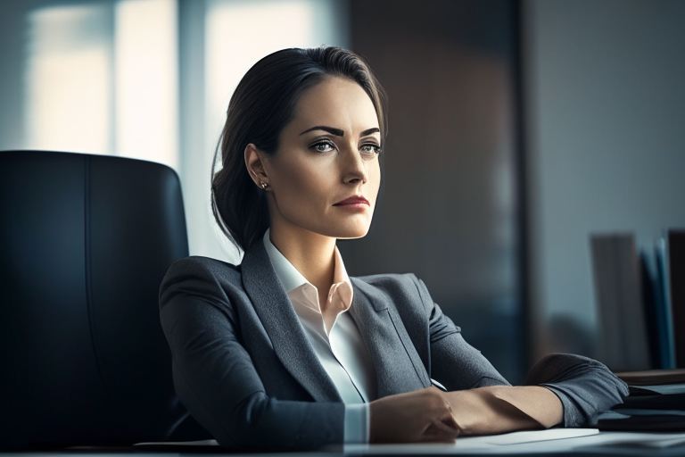 a woman in professional attire, sitting at a desk in an office, with a pleasant gaze and shoulders forward