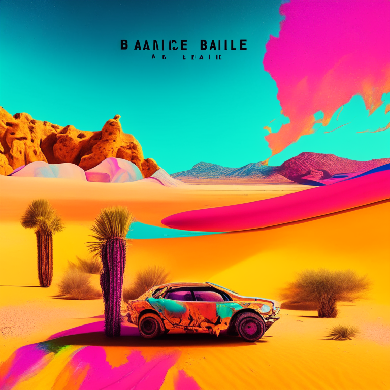 A colorful abstract background with a desert landscape and a car on it, with the name 'Un bache en el desierto' in the foreground