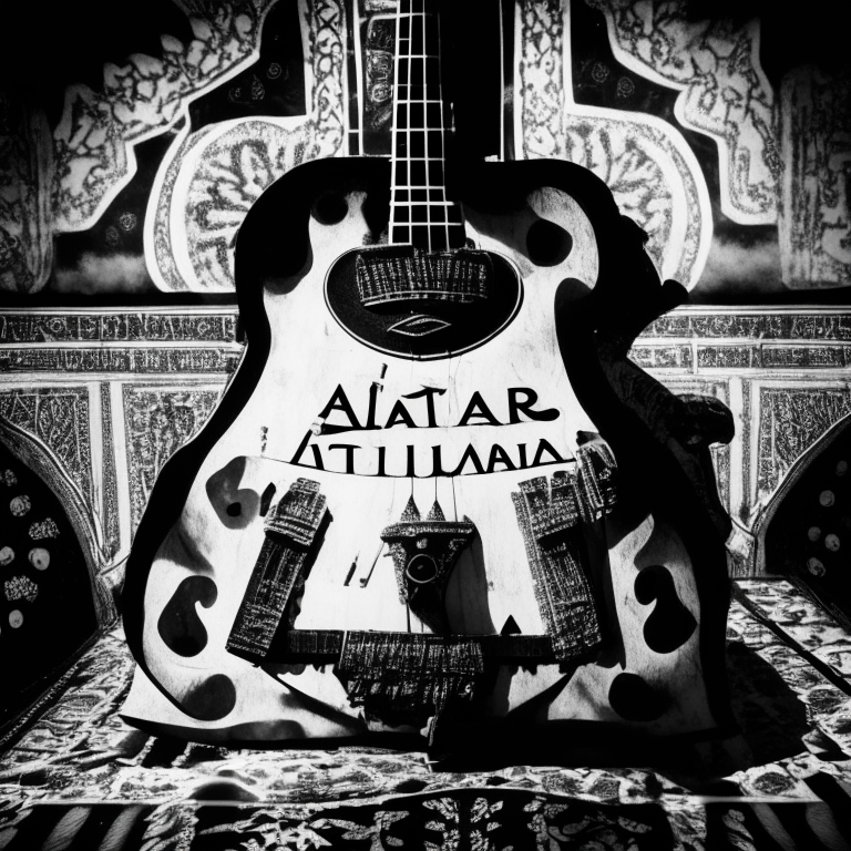A black and white image of a sitar with a colorful background, with the name 'Sitar auxiliador' in the foreground