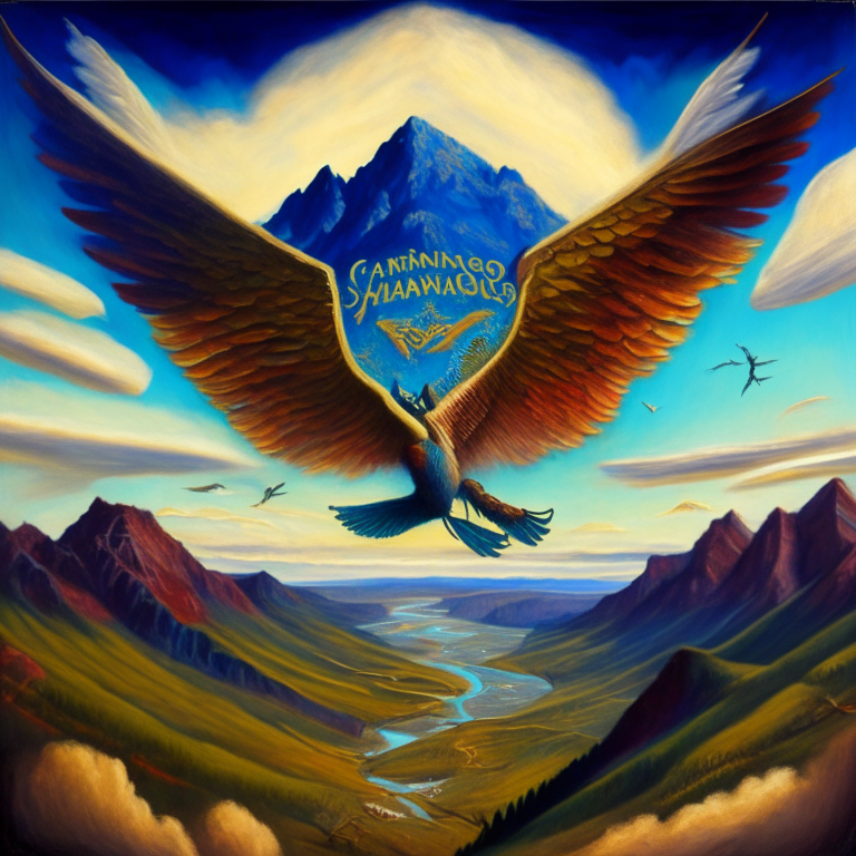 A painting of a charango with wings, flying over a landscape, with the name 'Charangos voladores' in the foreground