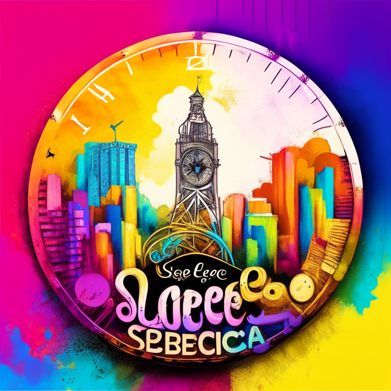 A colorful abstract background with a cityscape and a clock on it, with the name 'LA Dulce espera' in the foreground