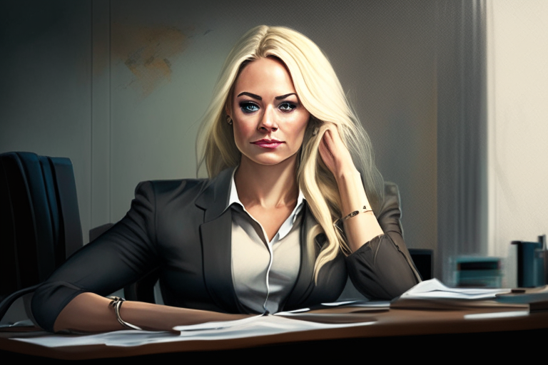 a woman with dirty blonde hair wearing professional attire, sitting at a desk in an office, with a pleasant gaze and shoulders forward