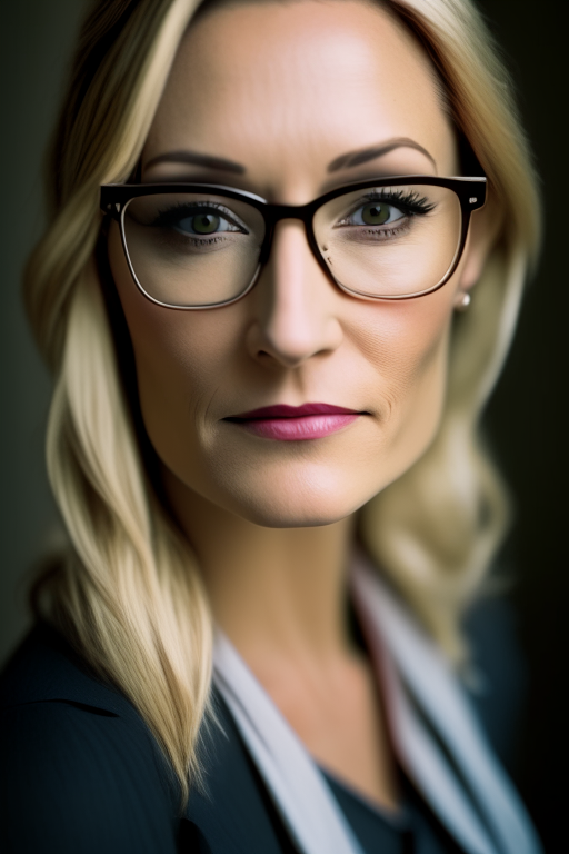 a portrait photo of a woman in her 30's with professional attire, dirty blonde hair, square framed eye glasses, and a pleasant gaze into the camera, Kodak Ultramax 800, pexels, 85mm, casual pose, 35mm film roll photo