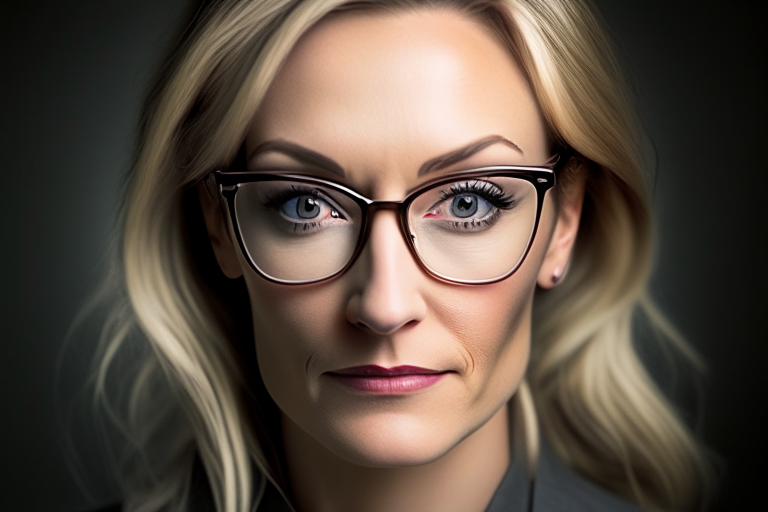 a portrait photo of a woman in her 30s with professional attire, dirty blonde hair, square framed eye glasses, and a pleasant gaze into the camera, strong lighting contrasts, elegantly formal, grey academia