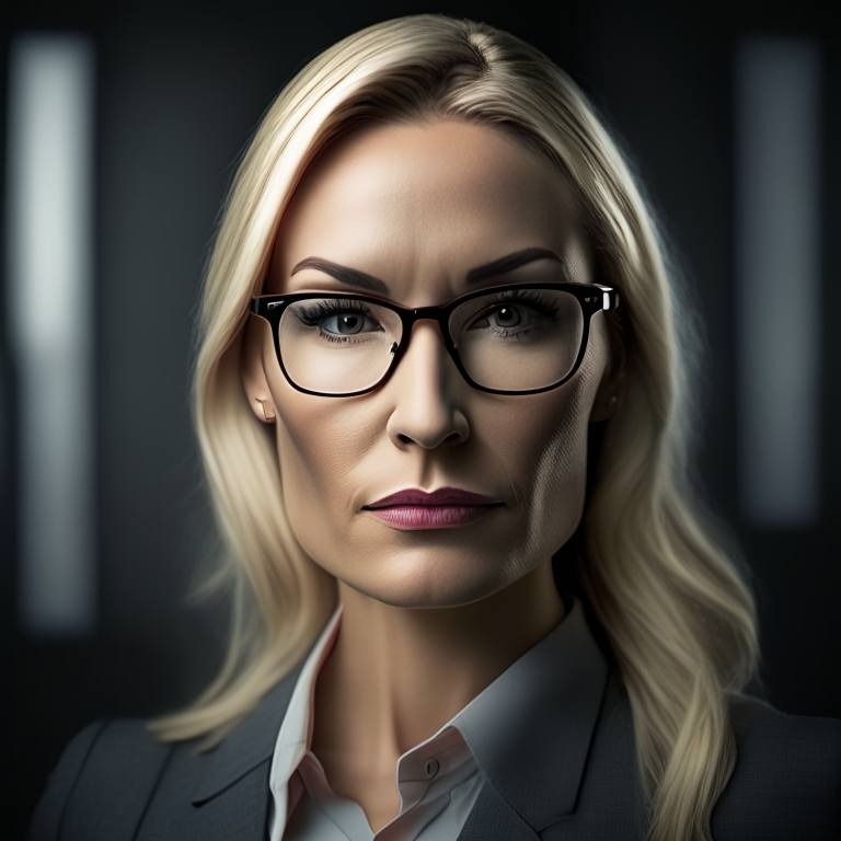 a woman in her 30's with professional attire, dirty blonde hair, square framed eye glasses, and a pleasant gaze into the camera, standing in front of a grey academia background with strong lighting contrasts, elegantly formal, 8k resolution