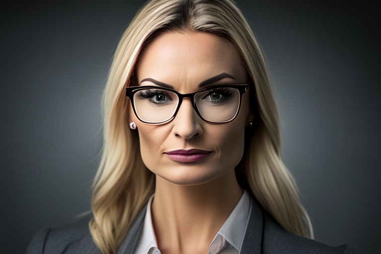 a pretty woman in her 30's with dirty blonde hair, wearing square framed eye glasses and professional attire, standing in front of a grey academia background, with strong lighting contrasts and a pleasant gaze into the camera, elegantly formal