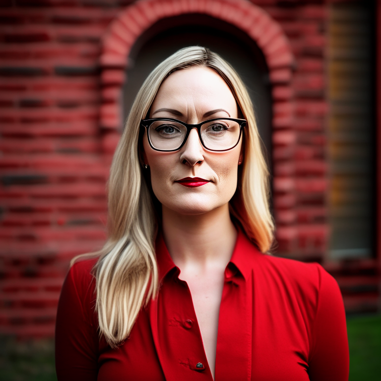 a woman in her 30s with professional attire, dirty blonde hair, square framed eyeglasses, and a pleasant gaze into the camera, standing with her arms folded in front of a brick red house, with an outside background, strong lighting contrasts, elegantly formal, academia