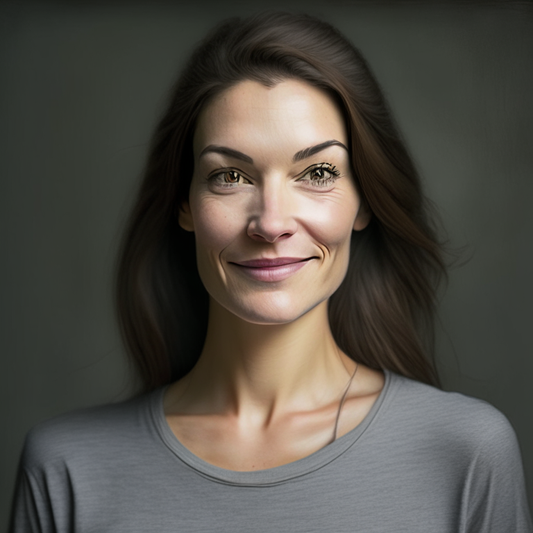 a woman with a gray shirt and a pleasant expression