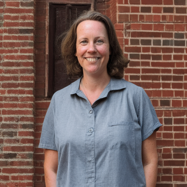 a woman with a gray shirt and a pleasant expression, standing in front of a brick house