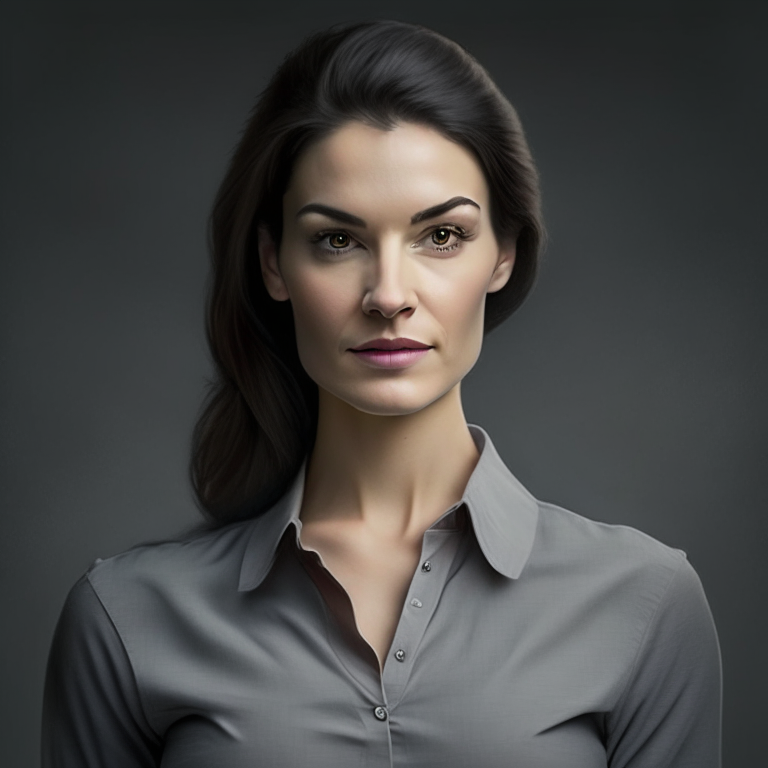 a woman with a gray shirt and a professional look