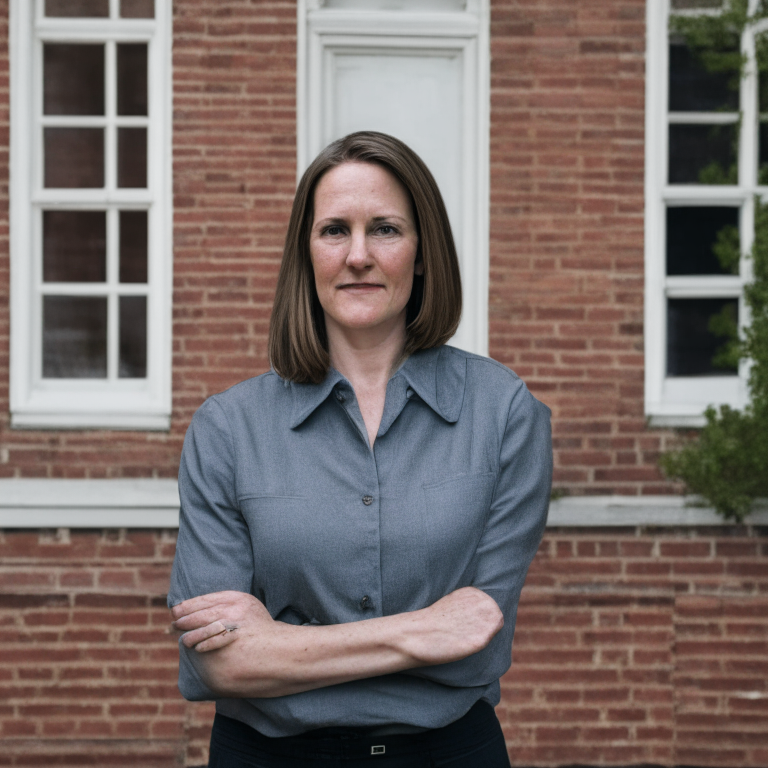 a woman with a gray shirt and a professional look, standing in front of a brick house