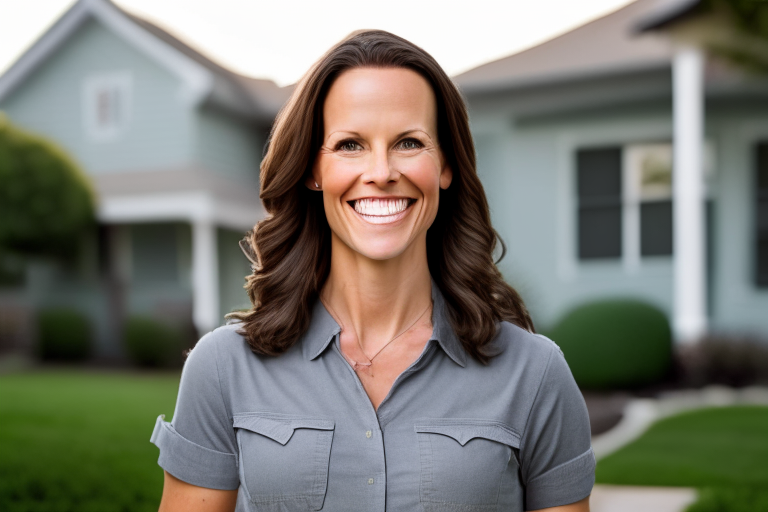 a professional mom in her 30's with a gray shirt and a pleasant smile, standing in front of a suburban house with a garden