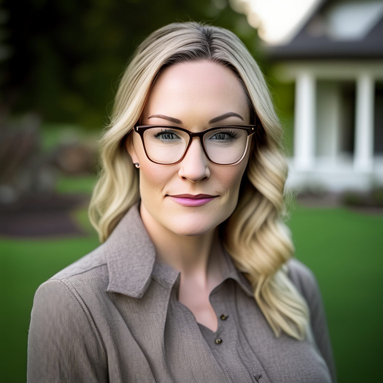 a woman in her 30's with professional attire, dirty blonde hair, square framed eye glasses, and a pleasant gaze into the camera, standing in the front lawn of a home, with a soft-focus portrait style, rangercore, smilecore, studio portrait, gray and bronze color scheme, honest portrayal, and natural fibers