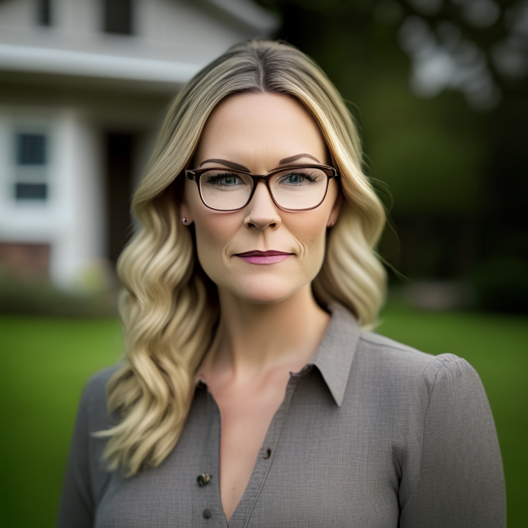 a woman in her 30's with professional attire, dirty blonde hair, square framed eye glasses, and a pleasant gaze into the camera, standing in the front lawn of a home, in the style of soft-focus portraits, rangercore, smilecore, studio portrait, gray and bronze, honest portrayal, and natural fibers