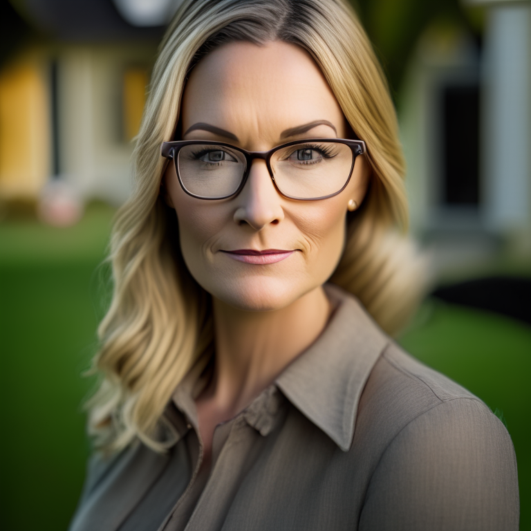 a woman in her 30's with professional attire, dirty blonde hair, square framed eye glasses, and a pleasant gaze into the camera, standing in the front lawn of a home, in the style of soft-focus portraits, rangercore, smilecore, studio portrait, gray and bronze, honest portrayal, natural fibers, 8k resolution, 1:1 aspect ratio, with a shirt that has two buttons on each side