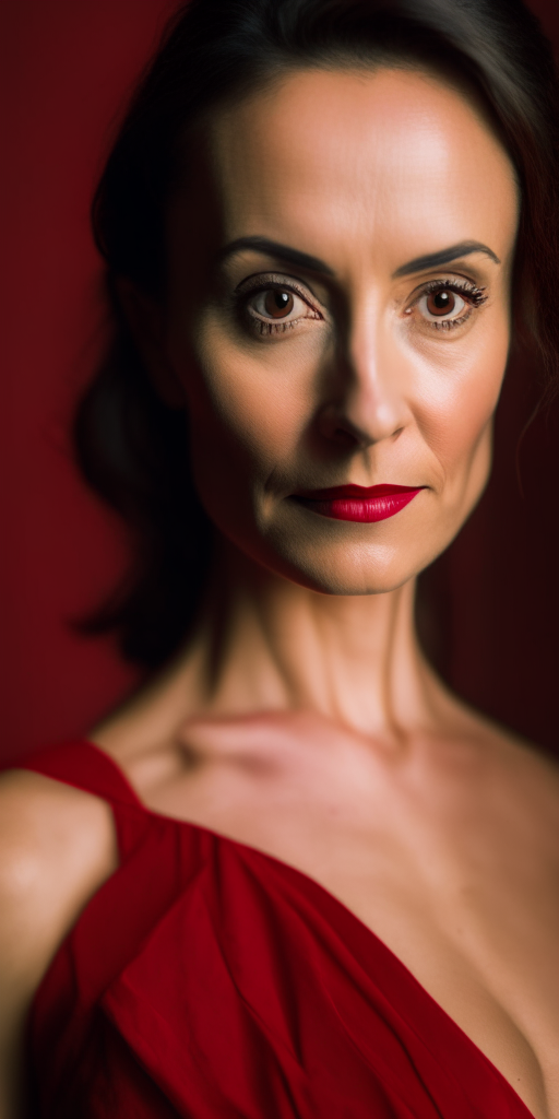 half body photo of a woman in a red dress with a pleasant gaze into the camera