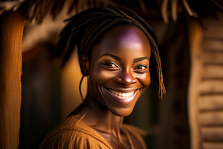 half body portrait of a 30 year old black woman smiling pleasantly, standing in front of a thatched jamaican hut, sharp detail, soft focus lens, 8k, studio quality, natural light,honesty,revealing character, subtle grace