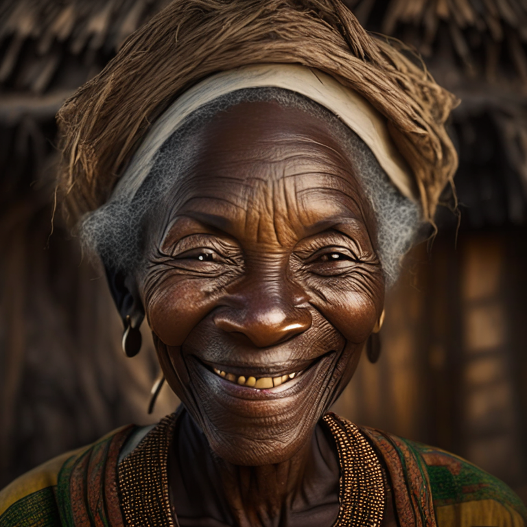 half body portrait of a 60 year old black woman smiling pleasantly, standing in front of a thatched jamaican hut, soft focus lens, 8k, rustic quality, natural light,honesty,revealing character, subtle grace