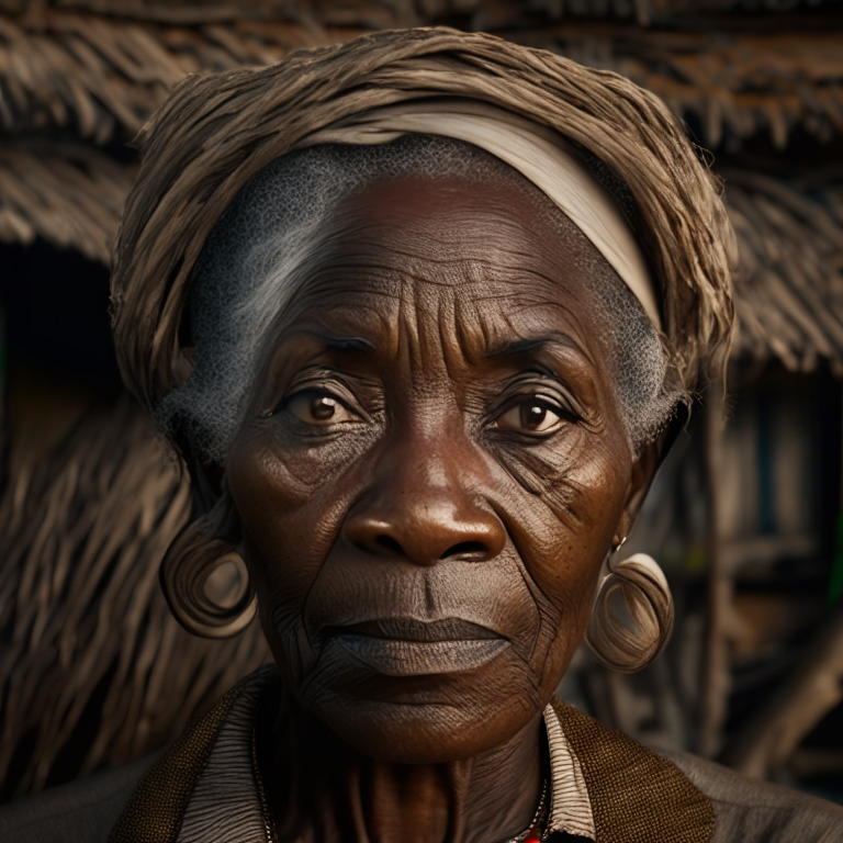 half body portrait of a 60 year old black woman intensely gazing into the camera, standing in front of a thatched jamaican hut, soft focus lens, shades of gray and bronze,natural fibers evident, 8k,  honest to reveal true character