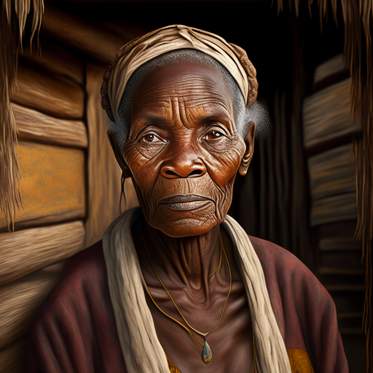 realistic portrait of Queen Nanny of the Maroons in her 60s, soft-focused, gazing into the camera, standing in front of a thatched jamaican hut with rustic wood panel walls,accurate skin tones and natural light