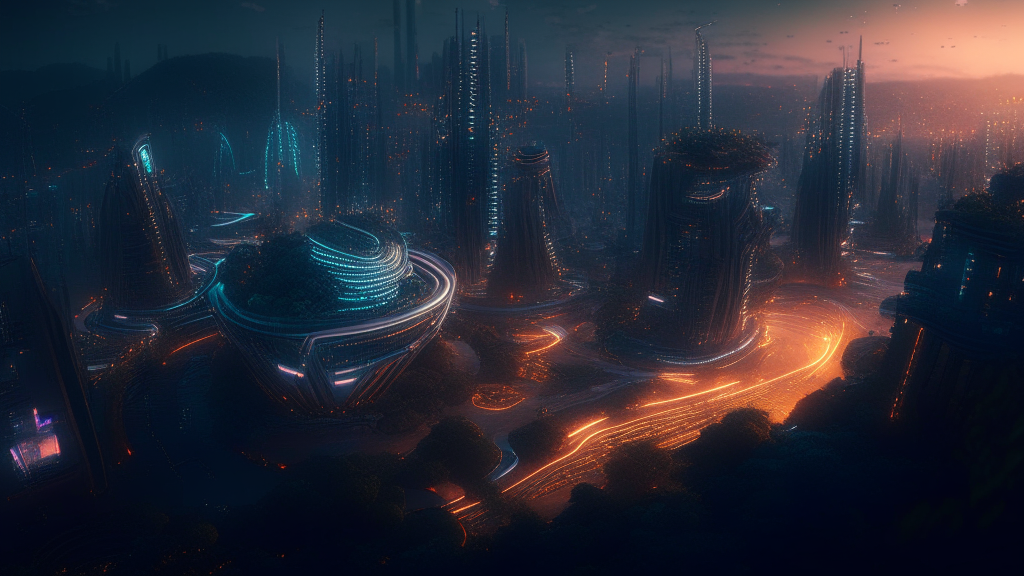 Digitalcore futurepunk naturewave city landscape, ambient lighting, high quality detailed photorealistic concept art, dramatic angle view, digital modern art, high octane render, extraordinary award winning drone shot