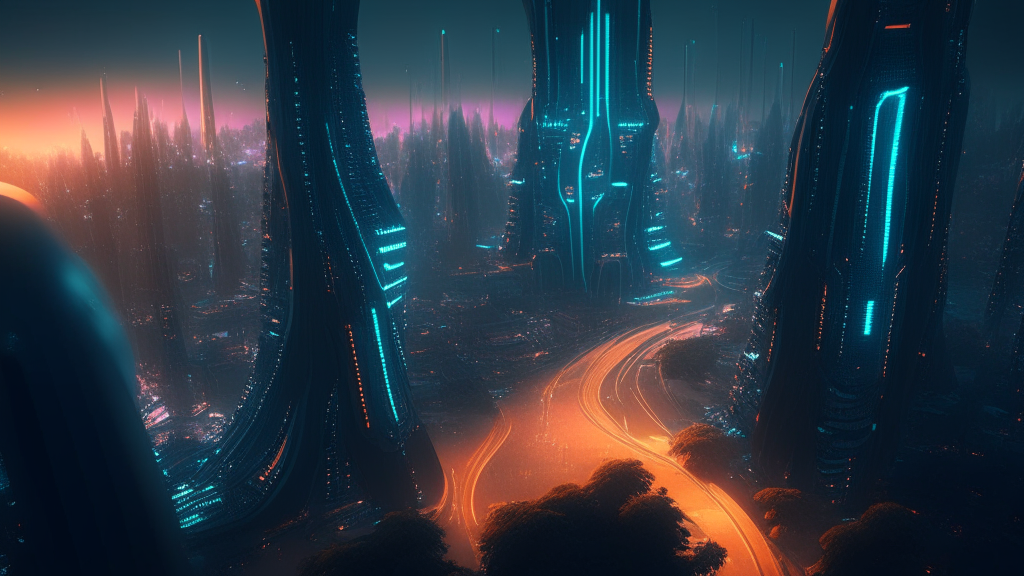 Digitalcore futurepunk naturewave city landscape, ambient lighting, high quality detailed photorealistic concept art, dramatic angle view, digital modern art, high octane render, extraordinary award winning drone shot