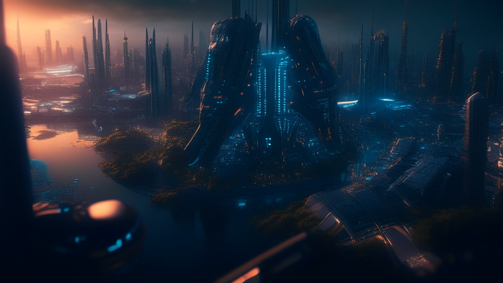 Digitalcore futurepunk naturewave city landscape, ambient lighting, high quality detailed photorealistic concept art, dramatic angle view, digital modern art, high octane render, extraordinary award winning drone shot