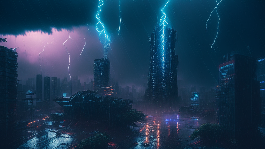 naturecore postcyberpunk digitalwave city landscape, rain lightening, tower 8k, high quality detailed photorealistic, dramatic, digital art, high octane render, extraordinary award winning drone shot