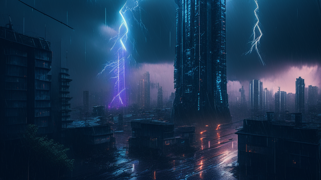 naturecore postcyberpunk digitalwave city landscape, rain lightening, tower 8k, high quality detailed photorealistic, dramatic, digital art, high octane render, extraordinary award winning drone shot