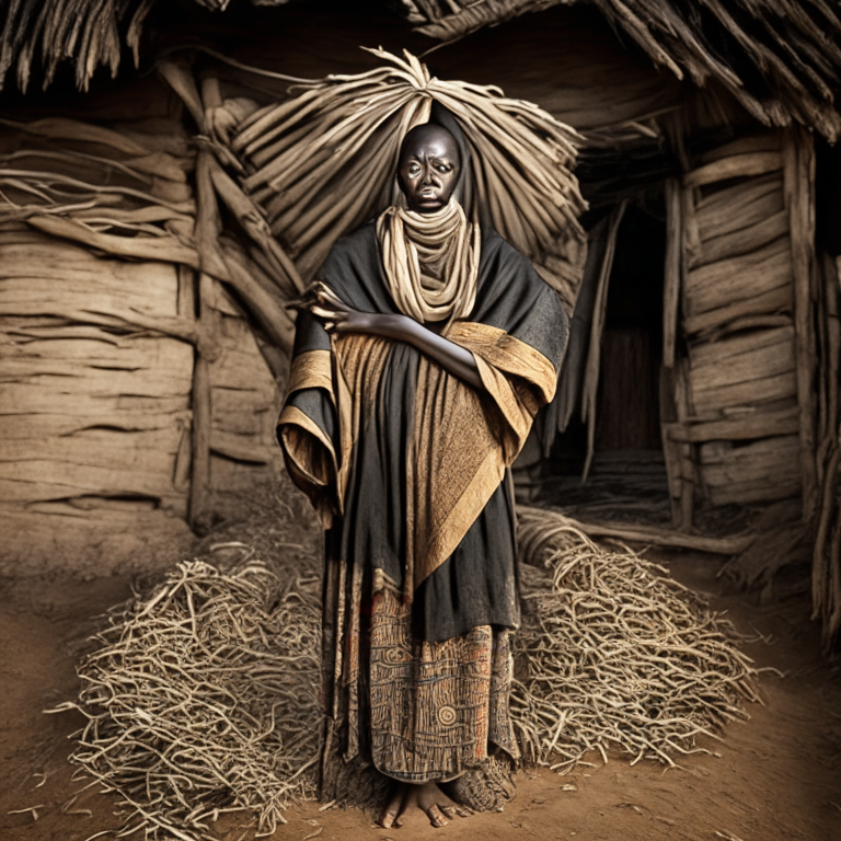 a black woman's hands to the sides, wearing an african robe and standing in front a thatched hut