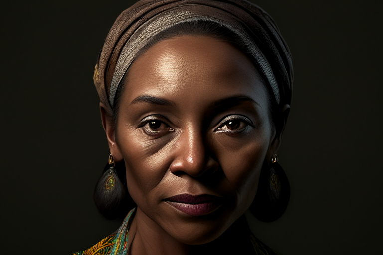 half body portrait of a woman, gazing intensely into the camera, standing in front of a Jamaican forest, wearing an African robe, soft focus, rangercore, natural lighting, gray and bronze palette, honest portrayal in a natural realistic style. studio portrait