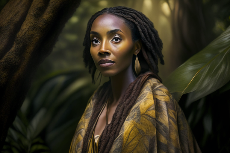 half body portrait of a woman, gazing intensely into the camera standing in front of a Jamaican forest, wearing an African robe, soft focus, rangercore natural lighting, gray and bronze palette, honest portrayal in a natural realistic style studio portrait