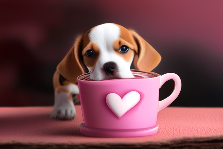 a beagle puppy drinking a latte from an oversized pink mug,  with hearts in the latte art, 4k