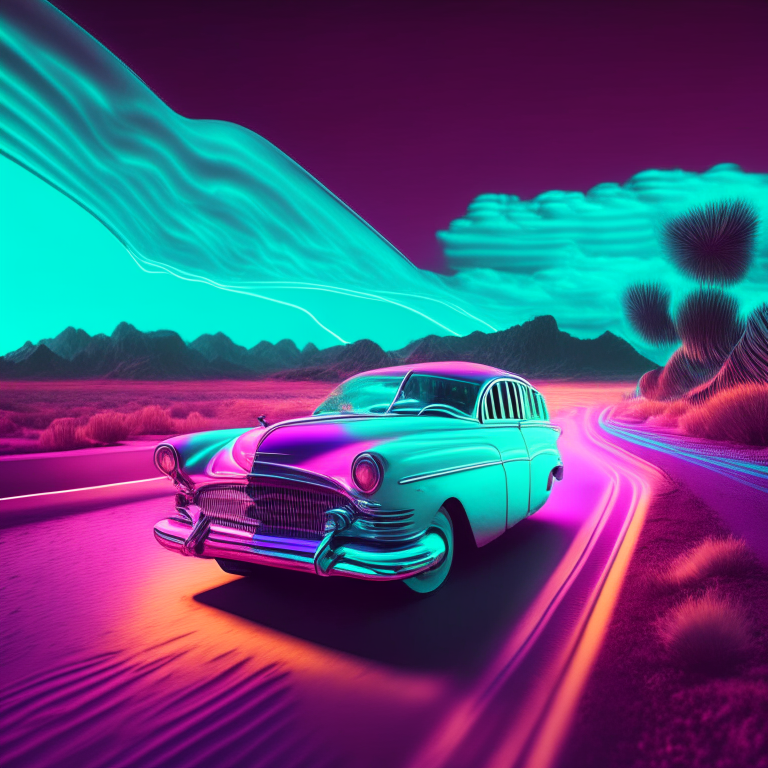 50s car driving down a digital landscape, light colour changing, changing, 8k”