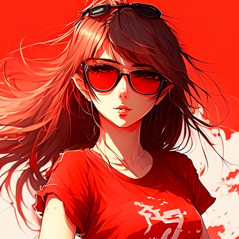 Pretty anime girl, red t-shirt, sunglasses, background Dubai UAE 