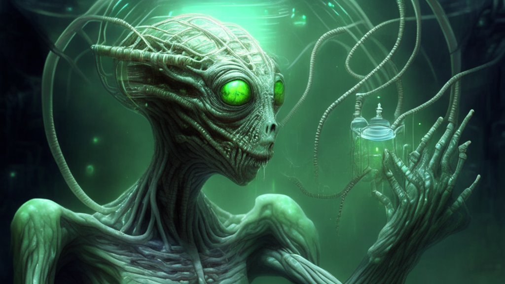 an alien being with reptilian skin and translucent tubes feeding from a mind control machine