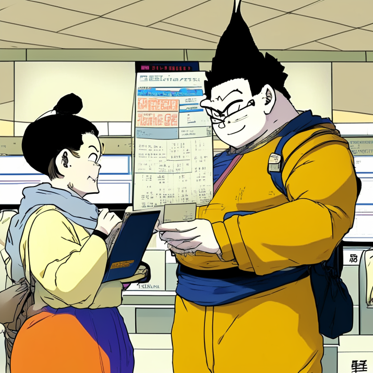 Yajirobe & Karin From Dragón Ball At The Airport Buying Tickets To Seoul