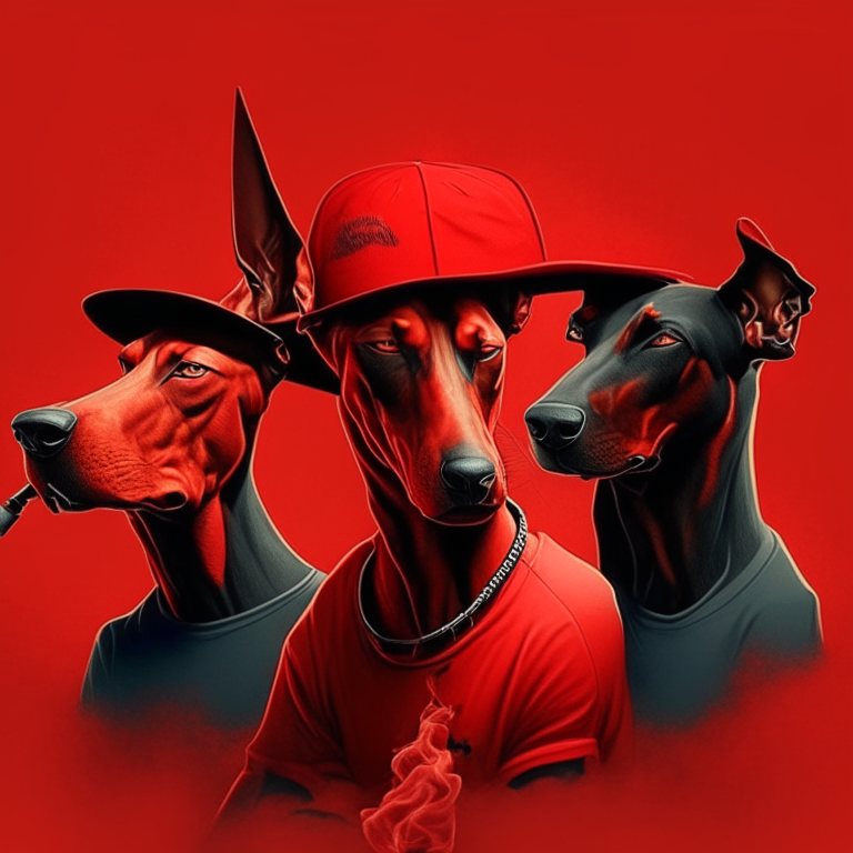 Design me,  red Doberman smoking, site with his friends, wear cap 