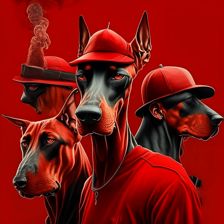 Design me,  red Doberman smoking, site with his friends, wear cap , background bar 