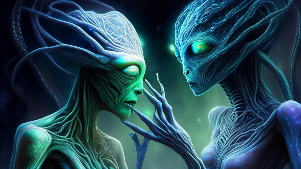 an alien being linked to a beautiful alien goddess via fleshy membranes and tissue matter, with sharp details of biometric genetics in the background