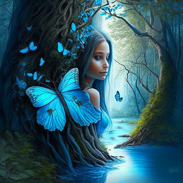 Design me,  beautiful girl, live in the forest, has a home in the tree, butterfly 🦋, next to her home, it's a light blue river  