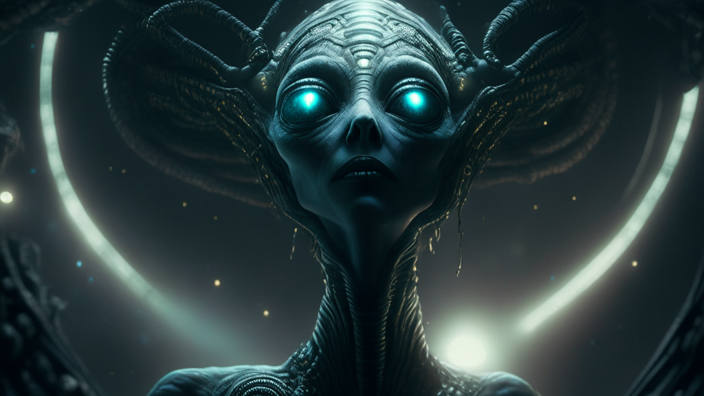 a beautiful alien goddess looking up at an alien spacecraft hovering overhead, in a dark and moody atmosphere, with reptilian skin and slimy egg laying tubes, photo realistic details, full hd quality, intricate details, dark sci fi horror fantasy style