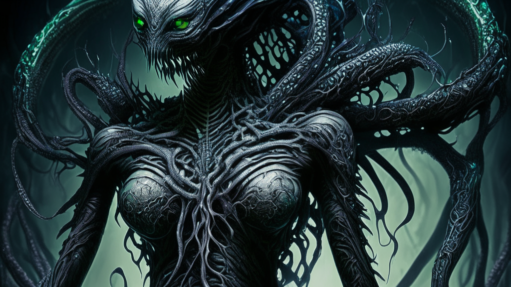 an alien monster wrapping its spiky venom filled tentacles around the body of a beautiful alien goddess, with full super sharp details and quality, full HD quality, intricate detail, delicate detail, dark sci-fi fantasy horror style